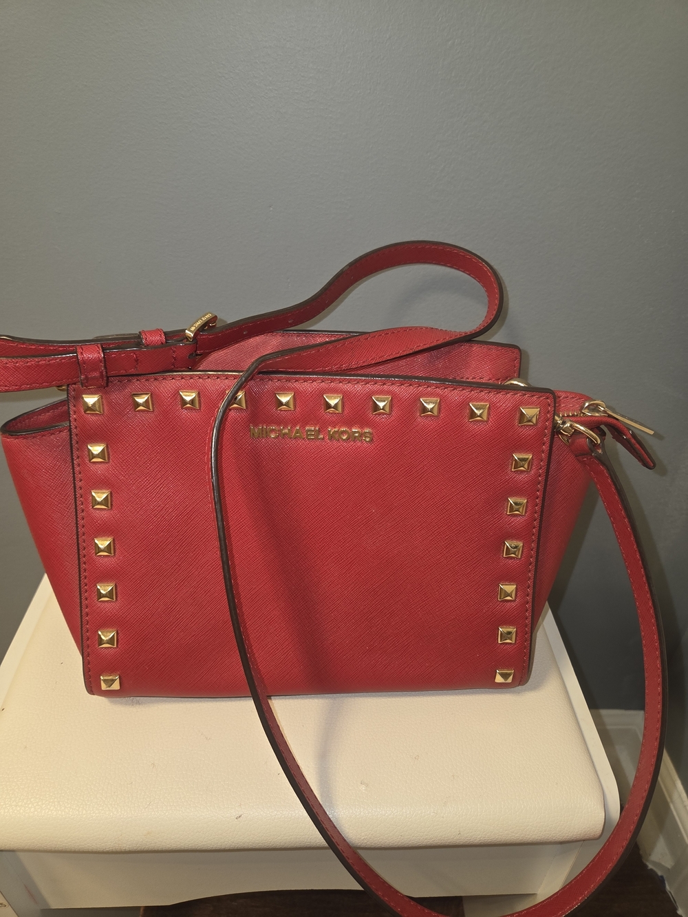 Michael Kors Red Leather Studded Crossbody Bag